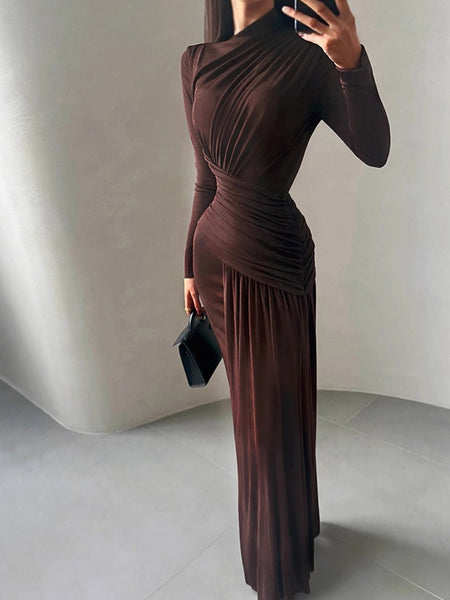 Isadora Luxe Bodycon Gathered Dress In Brown - full-length shot on model - Miss Mosa By Akanksha