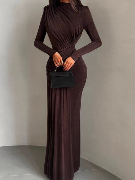 Isadora Luxe Bodycon Gathered Dress In Brown - full-length shot on model - Miss Mosa By Akanksha