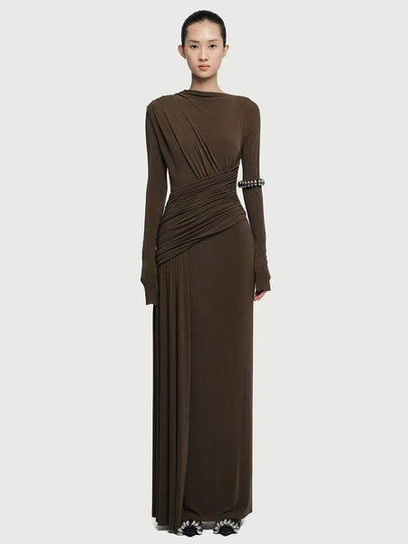 Isadora Luxe Bodycon Gathered Dress In Brown - full-length shot on model - Miss Mosa By Akanksha