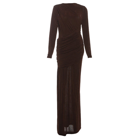 Isadora Luxe Bodycon Gathered Dress In Brown - back flat-lay product shot - Miss Mosa By Akanksha