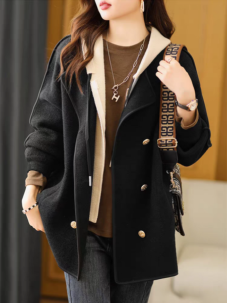 Isela Woolen Jacket With Cap - front shot on model, black - Miss Mosa By Akanksha
