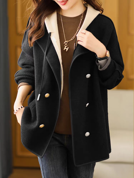 Isela Woolen Jacket With Cap - front shot on model, black - Miss Mosa By Akanksha