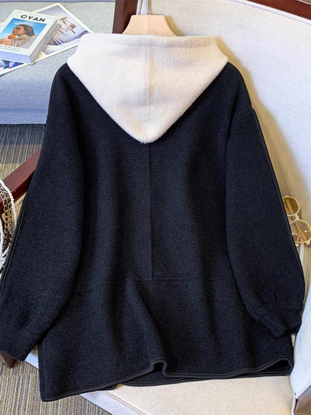 Isela Woolen Jacket With Cap - back flat-lay product shot, black - Miss Mosa By Akanksha