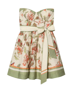 Isha Tube Mini Dress With Belt - front shot, cream floral print with green trim - Miss Mosa By Akanksha