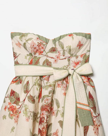 Isha Tube Mini Dress With Belt - close-up shot, cream floral print with green trim - Miss Mosa By Akanksha