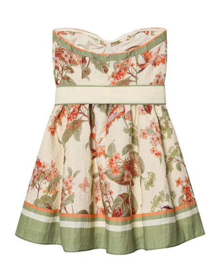 Isha Tube Mini Dress With Belt - back shot, cream floral print with green trim - Miss Mosa By Akanksha