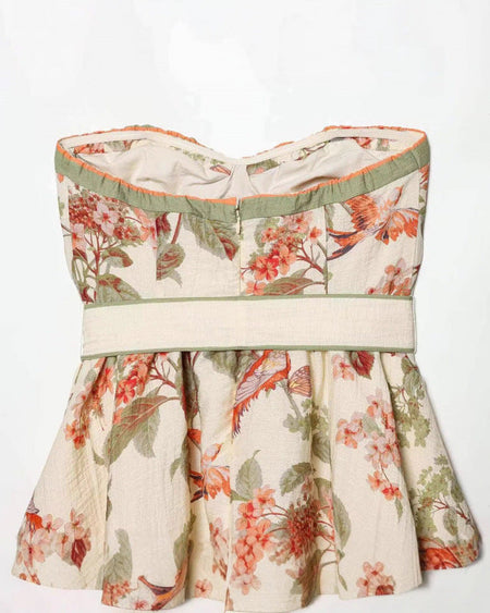Isha Tube Mini Dress With Belt - back shot, cream floral print with green trim - Miss Mosa By Akanksha