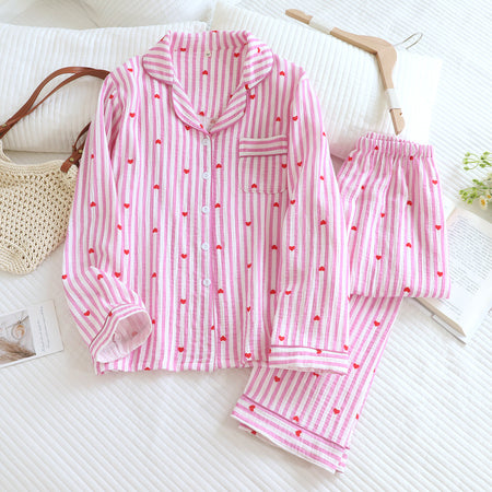 Iskra Striped Heart Nightsuit - flat-lay shot, pink and white striped with red hearts - Miss Mosa By Akanksha