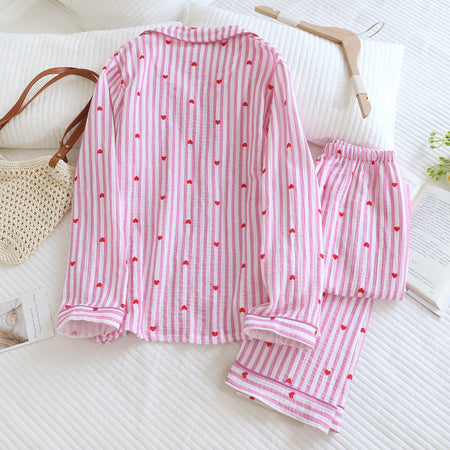 Iskra Striped Heart Nightsuit - back shot, pink and white striped with red hearts - Miss Mosa By Akanksha