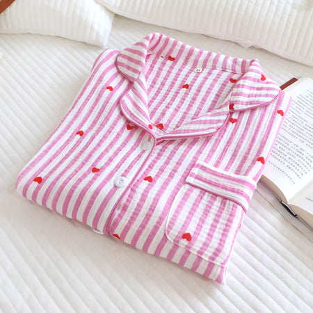 Iskra Striped Heart Nightsuit - folded flat-lay shot, pink and white striped with red hearts - Miss Mosa By Akanksha