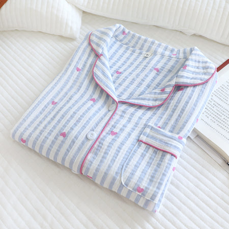 Iskra Striped Heart Nightsuit - folded flat-lay shot, blue and white striped with pink hearts - Miss Mosa By Akanksha
