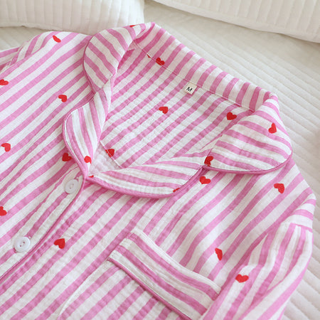 Iskra Striped Heart Nightsuit - collar close-up shot, pink and white striped with red hearts - Miss Mosa By Akanksha