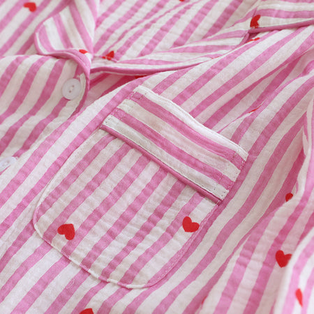 Iskra Striped Heart Nightsuit - pocket detail shot, pink and white striped with red hearts - Miss Mosa By Akanksha