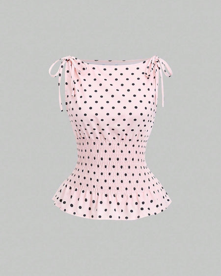 Isla Polka Summer Top - front shot, pink with black polka dots - Miss Mosa By Akanksha