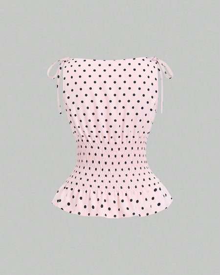 Isla Polka Summer Top - front shot, pink with black polka dots - Miss Mosa By Akanksha