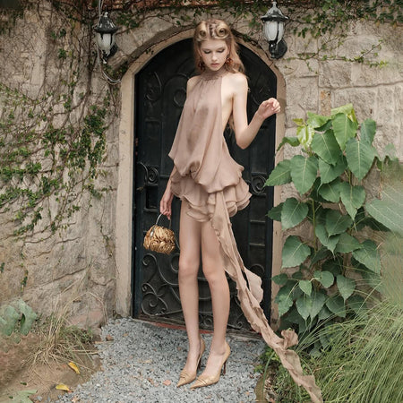 Isolde Halterneck Ruffle Mini Dress - full-length side shot, mocha - Miss Mosa By Akanksha