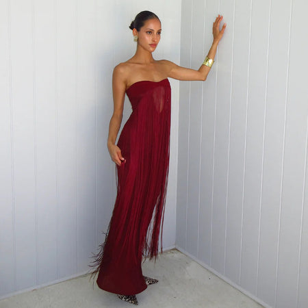Itziar Fringe Maxi Dress - full-length front shot on model, burgundy - Miss Mosa By Akanksha
