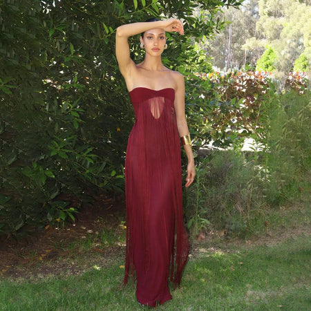 Itziar Fringe Maxi Dress - full-length front shot on model outdoors, burgundy - Miss Mosa By Akanksha