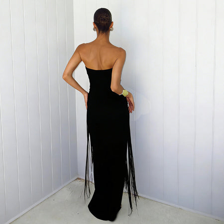 Itziar Fringe Maxi Dress - back shot on model, black - Miss Mosa By Akanksha