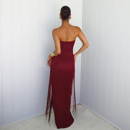 Itziar Fringe Maxi Dress - back shot on model, burgundy - Miss Mosa By Akanksha