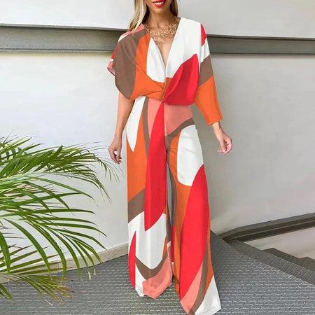 Ivanka Abstract Jumpsuit - full-length shot on model, orange multicolour - Miss Mosa By Akanksha