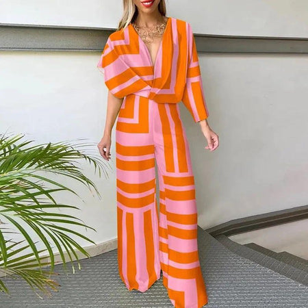 Ivanka Abstract Jumpsuit - full-length shot on model, pink - Miss Mosa By Akanksha
