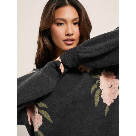 Ivano Floral Woolen Sweater - close-up shot on model, charcoal with pink floral - Miss Mosa By Akanksha