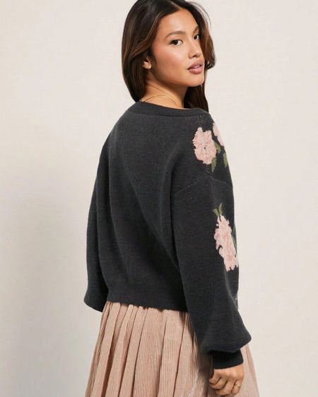 Ivano Floral Woolen Sweater - back shot on model, charcoal with pink floral - Miss Mosa By Akanksha