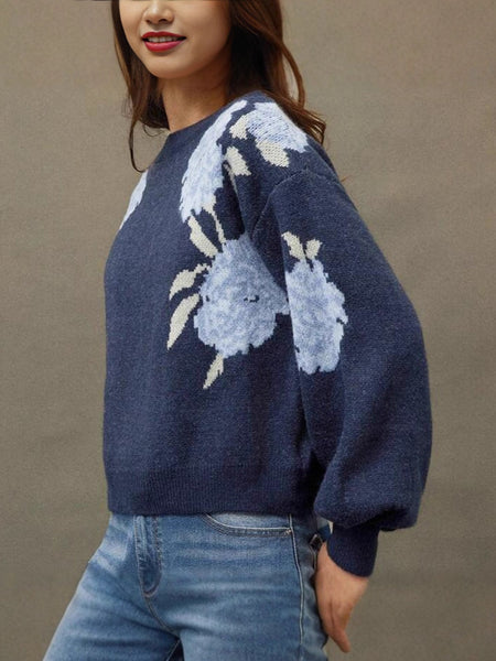 Ivano Floral Woolen Sweater - side shot on model, navy blue with blue floral - Miss Mosa By Akanksha