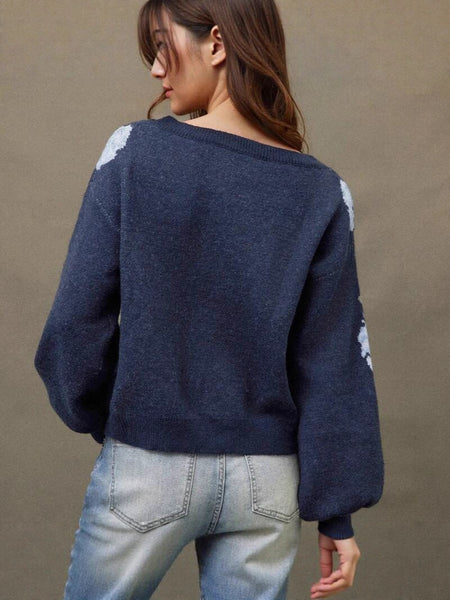 Ivano Floral Woolen Sweater - back shot on model, navy blue with blue floral - Miss Mosa By Akanksha