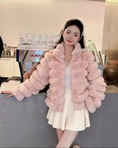 Ivara Winter Fur Jacket - full-length shot on model, pink - Miss Mosa By Akanksha
