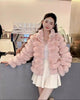 Ivara Winter Fur Jacket - full-length shot on model, pink - Miss Mosa By Akanksha