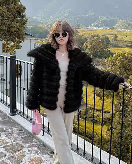 Ivara Winter Fur Jacket - full-length shot on model, black - Miss Mosa By Akanksha