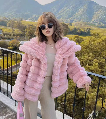 Ivara Winter Fur Jacket - front shot on model, pink - Miss Mosa By Akanksha