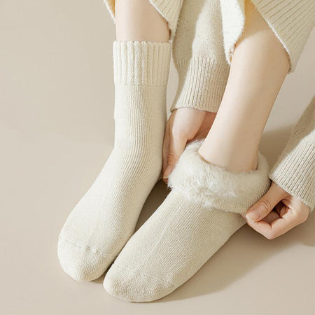 Ivy Winter Soft Fleece Socks - close-up shot of socks on model, off-white - Miss Mosa By Akanksha
