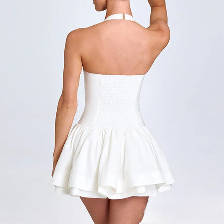 Izetta Halterneck Mini Dress - back shot, white - Miss Mosa By Akanksha