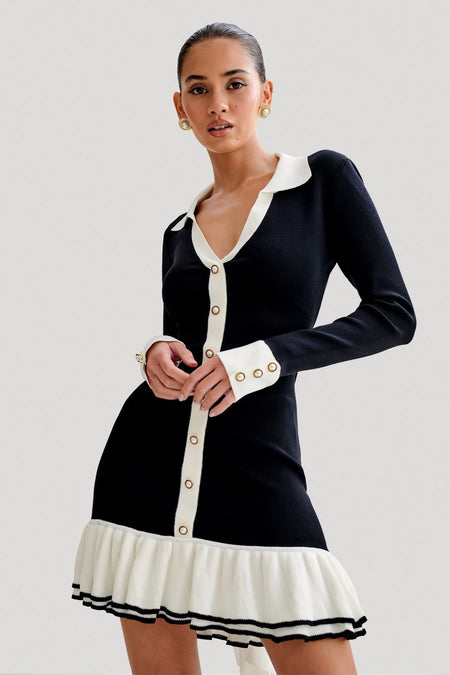 Izod Luxe Winter Mini Dress - front shot on model, black and off-white - Miss Mosa By Akanksha