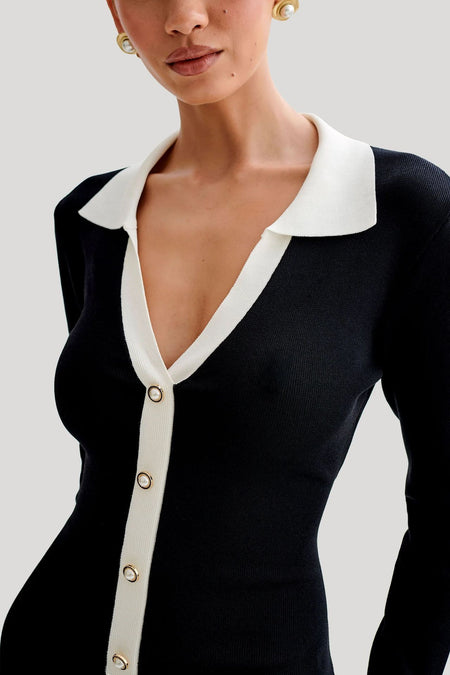 Izod Luxe Winter Mini Dress - close-up of neckline detail, black and off-white - Miss Mosa By Akanksha