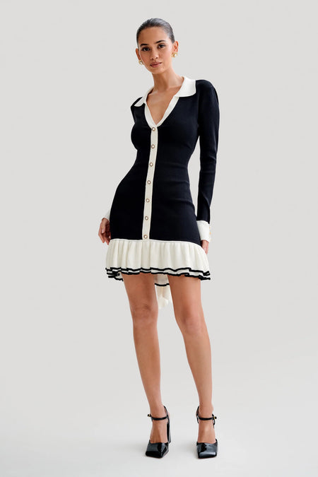 Izod Luxe Winter Mini Dress - full-length shot on model, black and off-white - Miss Mosa By Akanksha