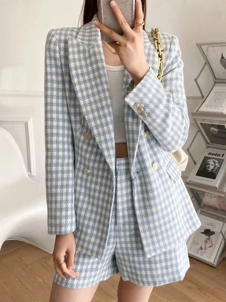 Jace Statement Tweed Set - Blazer and Shorts in Blue - front shot on model mirror selfie - Miss Mosa By Akanksha
