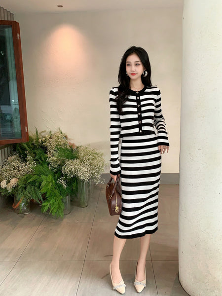 Jadon Striped Knit Dress with Cape - full-length front shot on model, black and white - Miss Mosa By Akanksha
