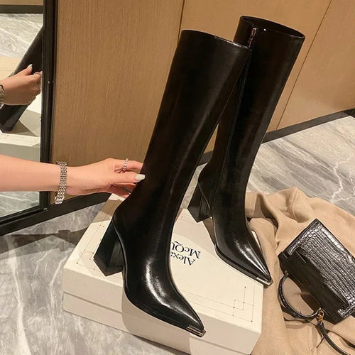 James Knee High Pointed Leather Boots In Black