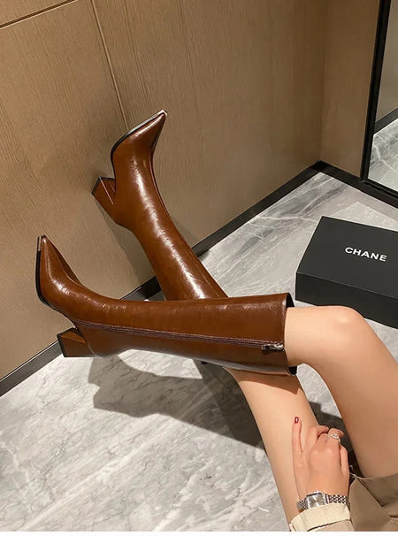 James Knee High Pointed Leather Boots - close-up of zip detail, brown - Miss Mosa By Akanksha