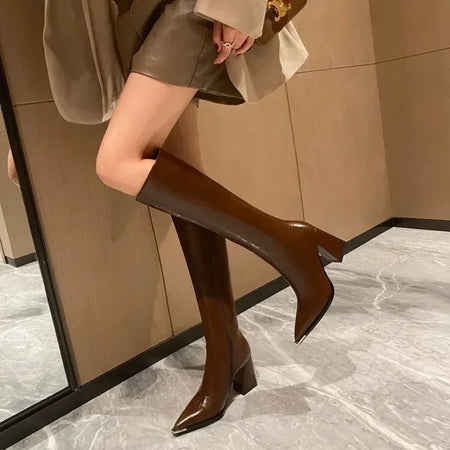 James Knee High Pointed Leather Boots - lifestyle shot on model, brown - Miss Mosa By Akanksha