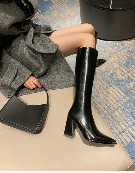 James Knee High Pointed Leather Boots - lifestyle shot on model, black - Miss Mosa By Akanksha