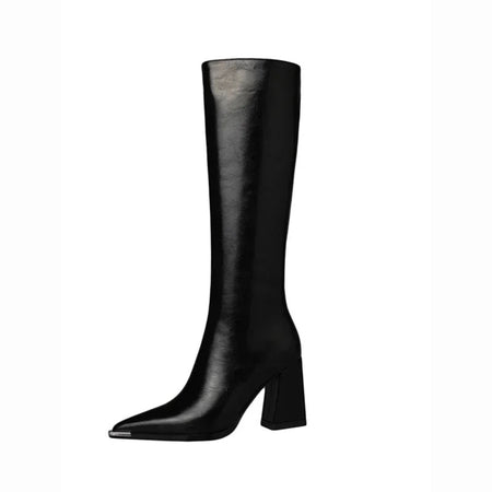 James Knee High Pointed Leather Boots - hanging product shot, black - Miss Mosa By Akanksha