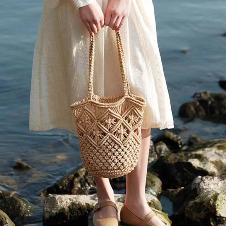 Jamie Crochet Summer Bag - lifestyle shot on model, beige - Miss Mosa By Akanksha