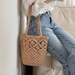 Jamie Crochet Summer Bag - lifestyle shot on model, beige - Miss Mosa By Akanksha