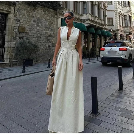 Jamie Holiday Statement Zipper Up Maxi Dress - full-length shot on model, off white - Miss Mosa By Akanksha
