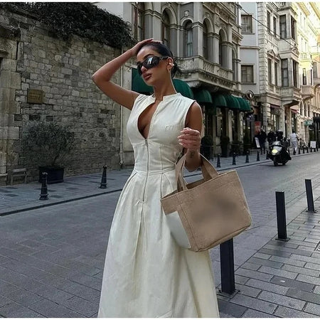 Jamie Holiday Statement Zipper Up Maxi Dress - front shot on model, off white - Miss Mosa By Akanksha